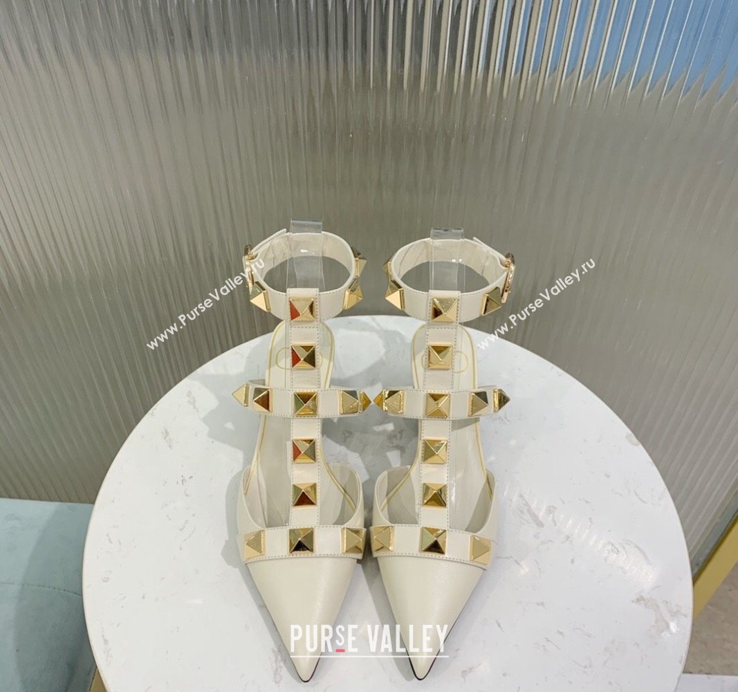 Valentino Roman Stud Calfskin Pumps 4/8cm with Ankle Strap White 2024 (KER-240429093)