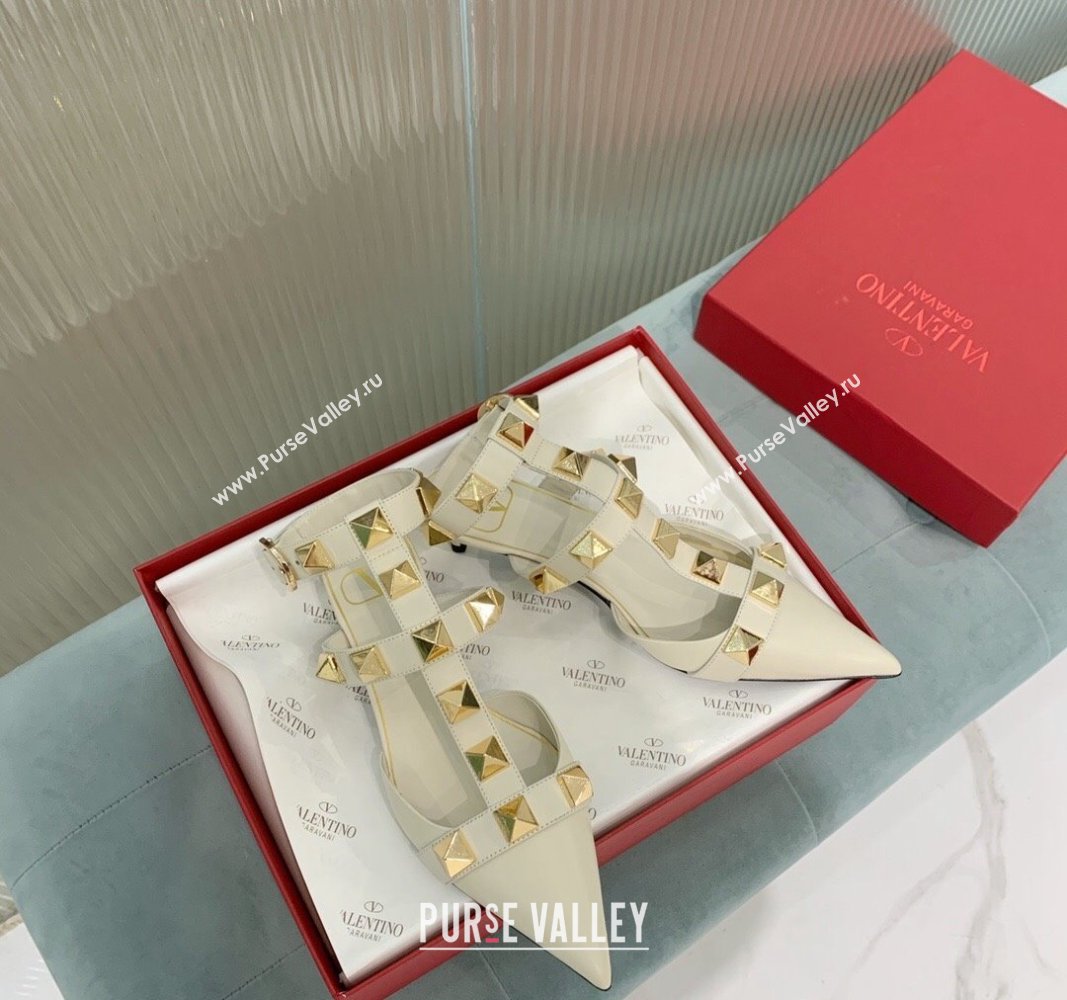 Valentino Roman Stud Calfskin Pumps 4/8cm with Ankle Strap White 2024 (KER-240429093)