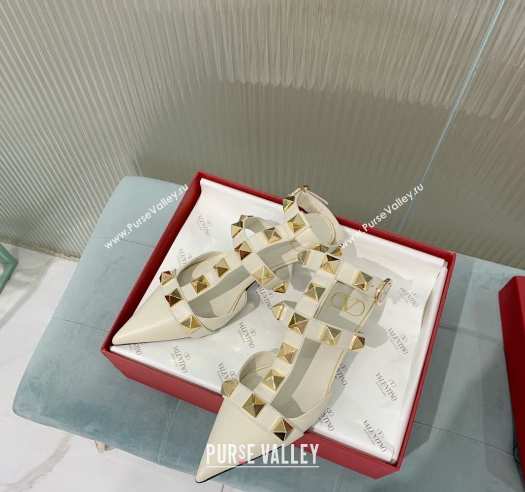 Valentino Roman Stud Calfskin Pumps 4/8cm with Ankle Strap White 2024 (KER-240429093)