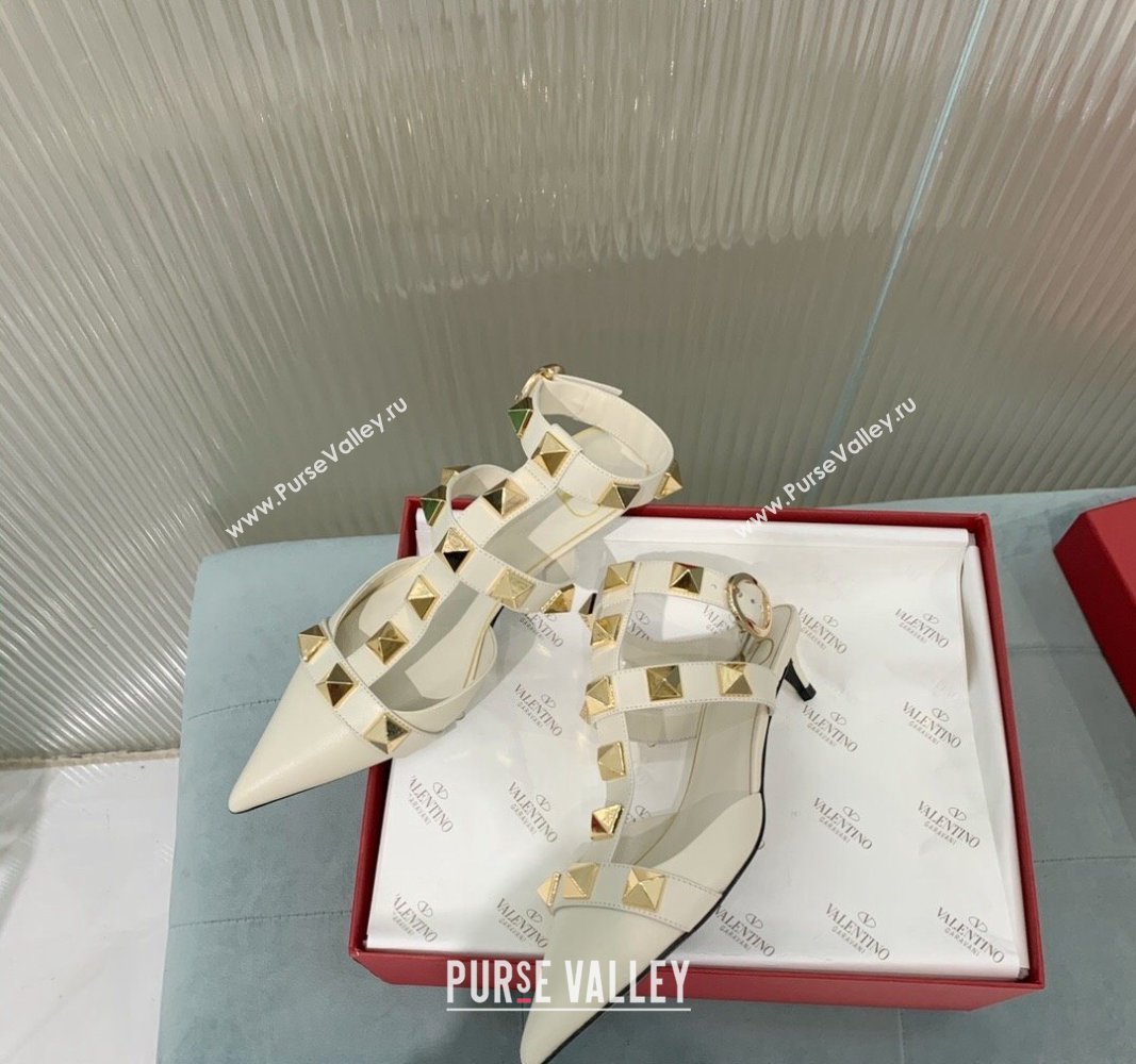 Valentino Roman Stud Calfskin Pumps 4/8cm with Ankle Strap White 2024 (KER-240429093)