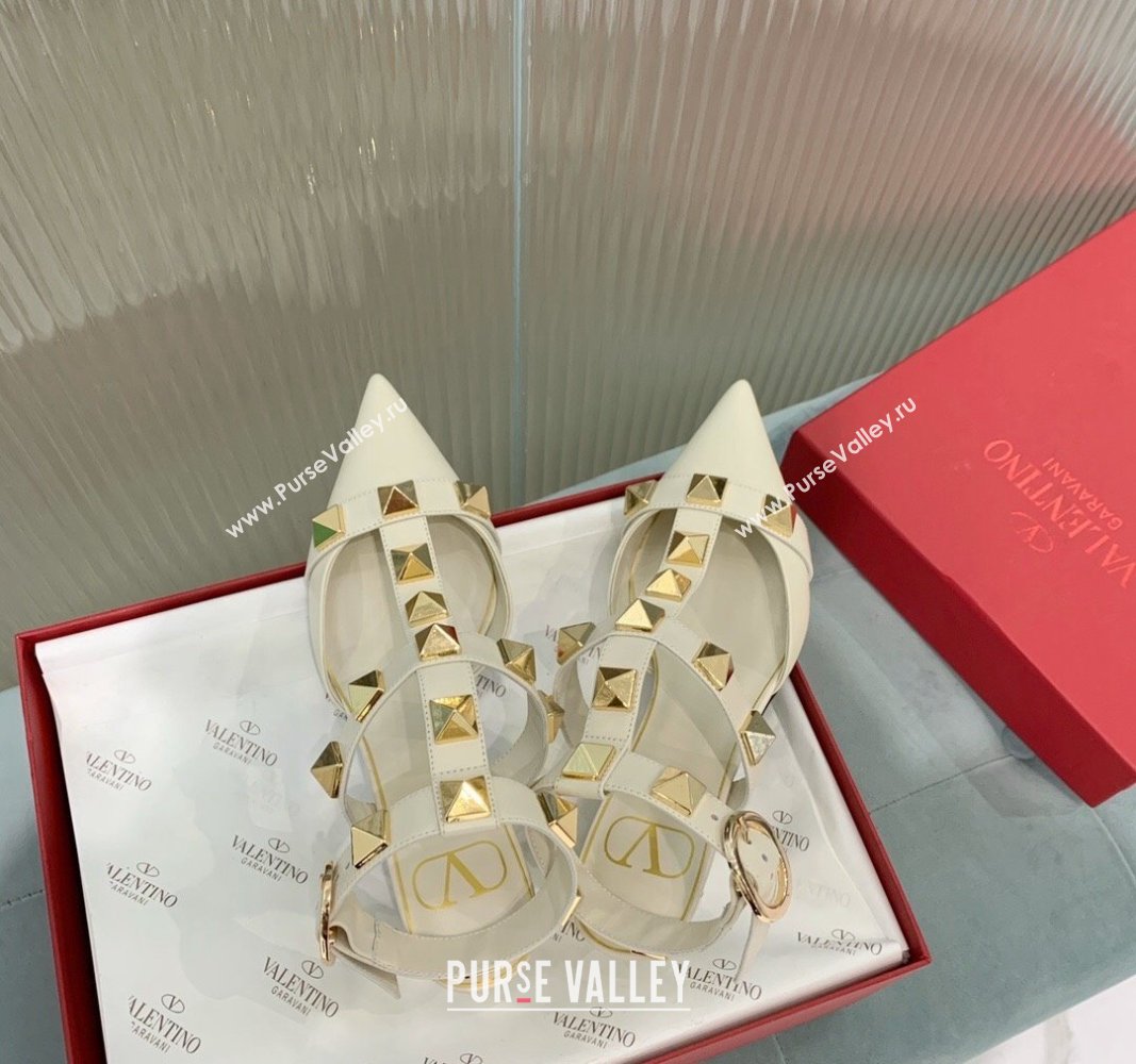 Valentino Roman Stud Calfskin Pumps 4/8cm with Ankle Strap White 2024 (KER-240429093)