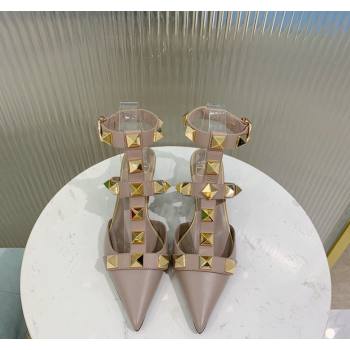Valentino Roman Stud Calfskin Pumps 4/8cm with Ankle Strap Beige 2024 (KER-240429094)