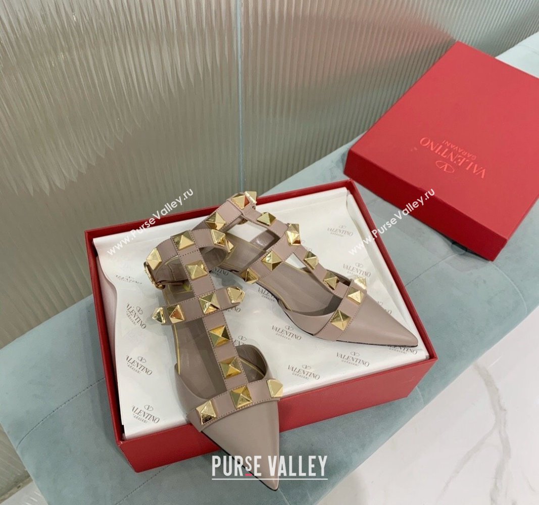 Valentino Roman Stud Calfskin Pumps 4/8cm with Ankle Strap Beige 2024 (KER-240429094)