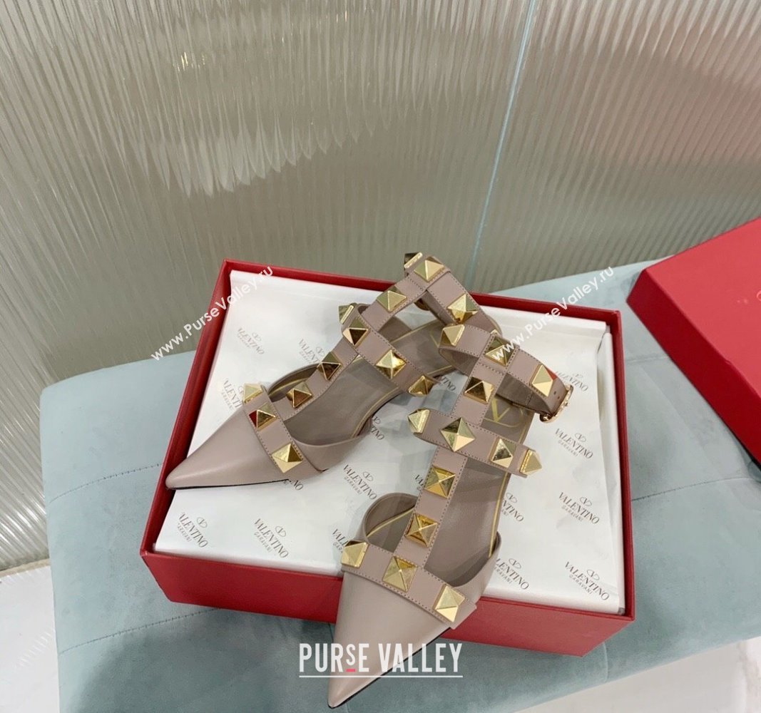Valentino Roman Stud Calfskin Pumps 4/8cm with Ankle Strap Beige 2024 (KER-240429094)