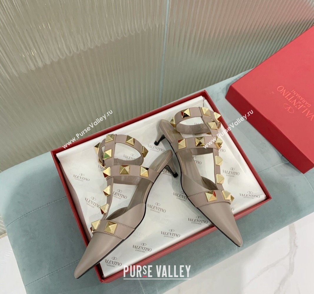 Valentino Roman Stud Calfskin Pumps 4/8cm with Ankle Strap Beige 2024 (KER-240429094)