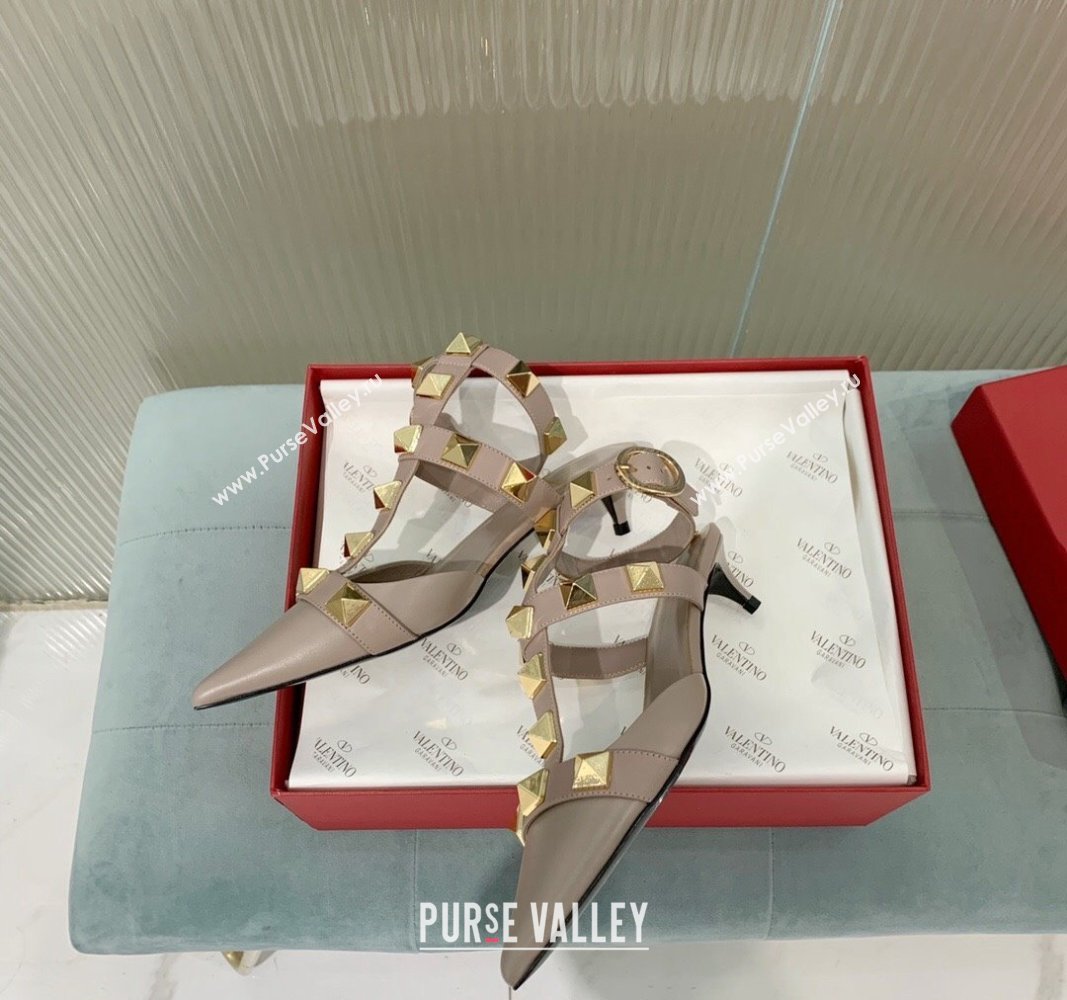 Valentino Roman Stud Calfskin Pumps 4/8cm with Ankle Strap Beige 2024 (KER-240429094)