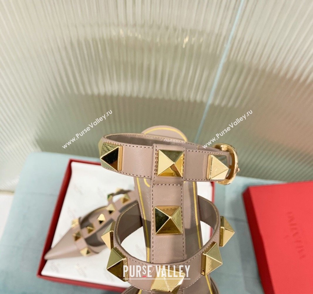 Valentino Roman Stud Calfskin Pumps 4/8cm with Ankle Strap Beige 2024 (KER-240429094)