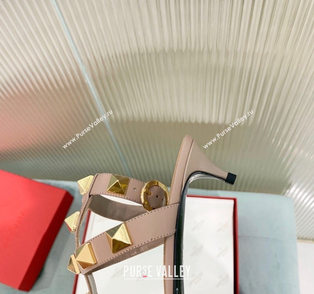 Valentino Roman Stud Calfskin Pumps 4/8cm with Ankle Strap Beige 2024 (KER-240429094)