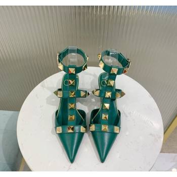 Valentino Roman Stud Calfskin Pumps 4/8cm with Ankle Strap Green 2024 (KER-240429097)
