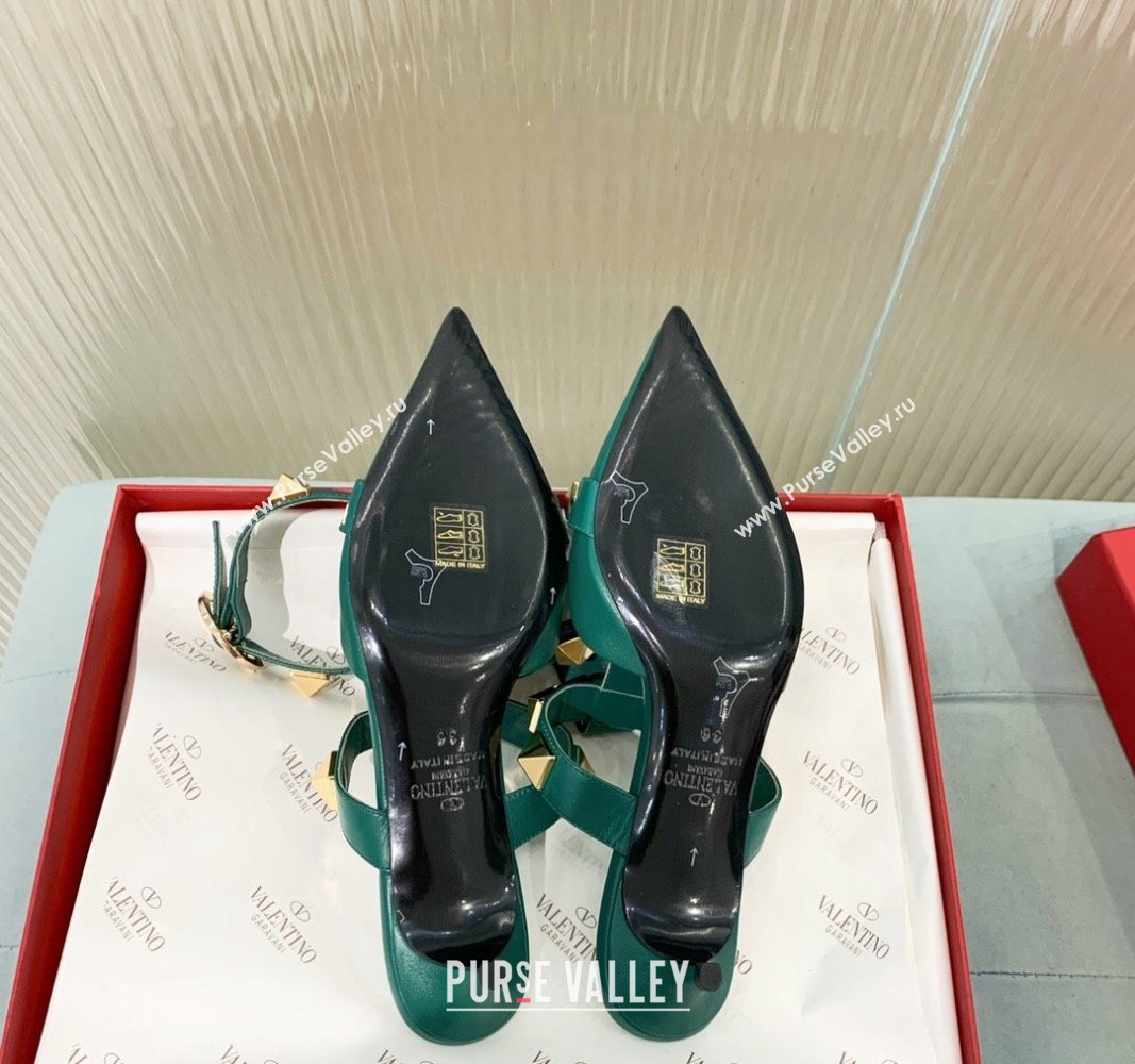 Valentino Roman Stud Calfskin Pumps 4/8cm with Ankle Strap Green 2024 (KER-240429097)