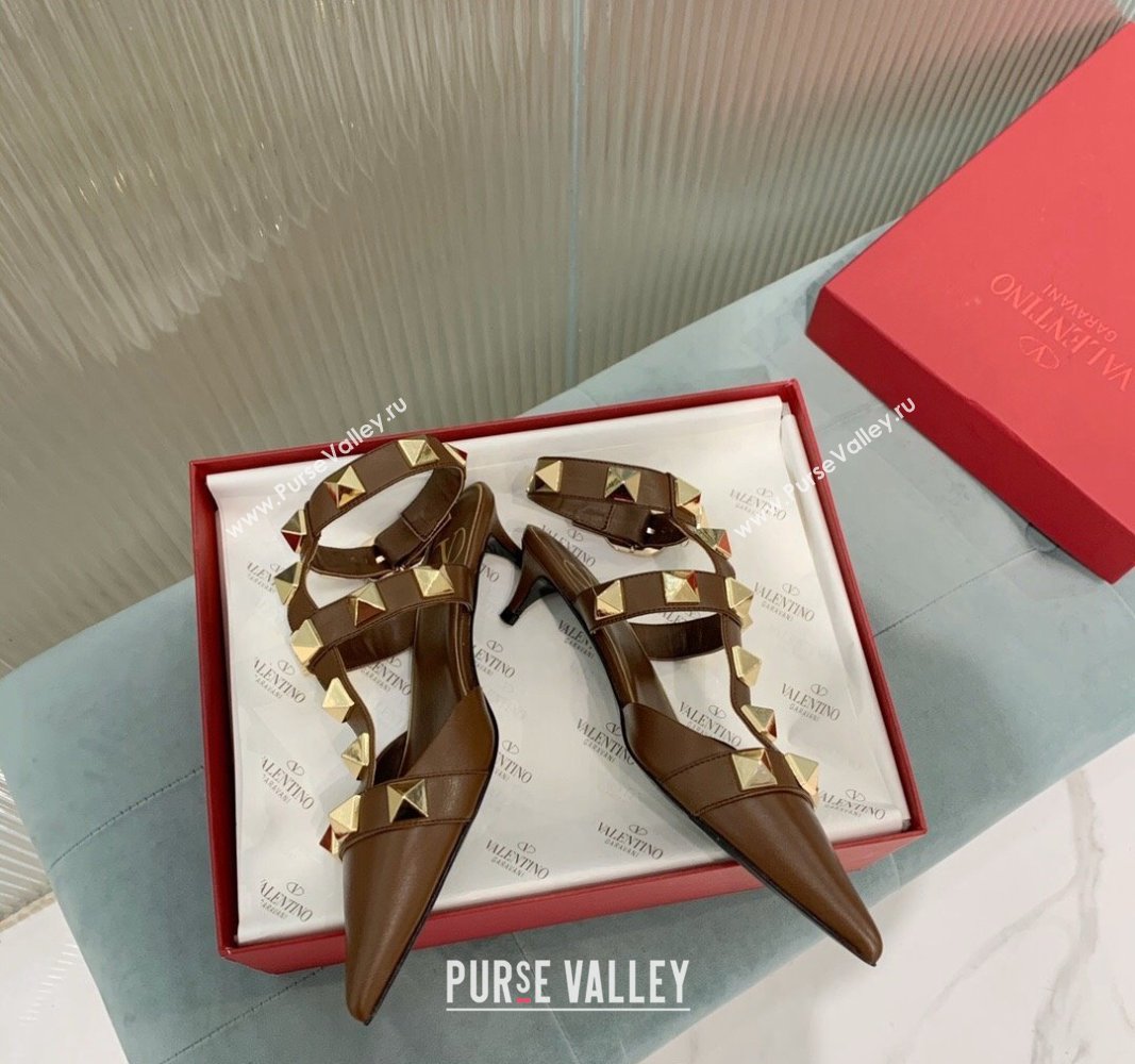 Valentino Roman Stud Calfskin Pumps 4/8cm with Ankle Strap Brown 2024 (KER-240429098)