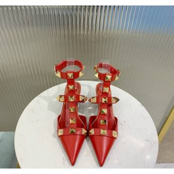Valentino Roman Stud Calfskin Pumps 4/8cm with Ankle Strap Red 2024 (KER-240429099)