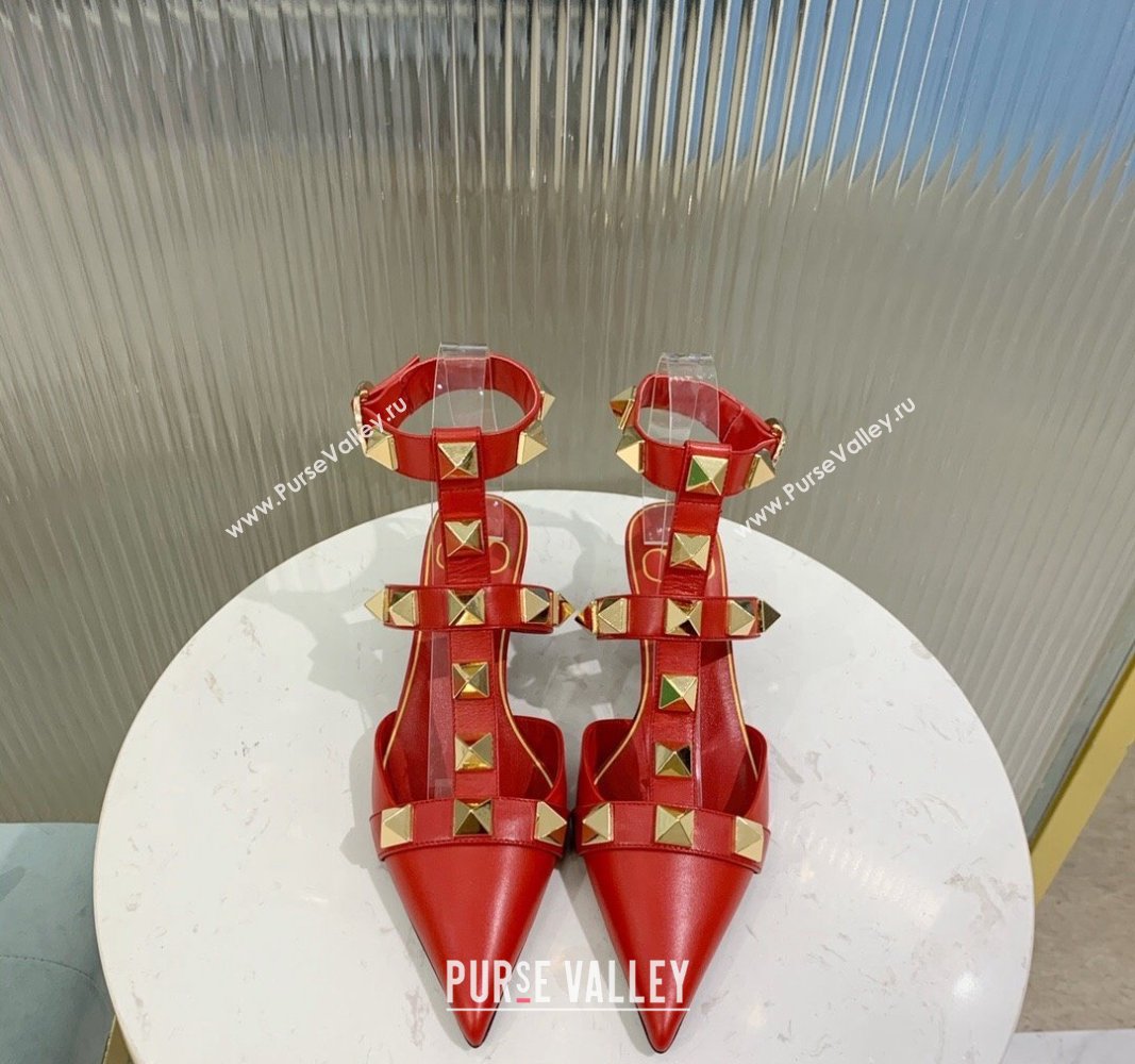 Valentino Roman Stud Calfskin Pumps 4/8cm with Ankle Strap Red 2024 (KER-240429099)
