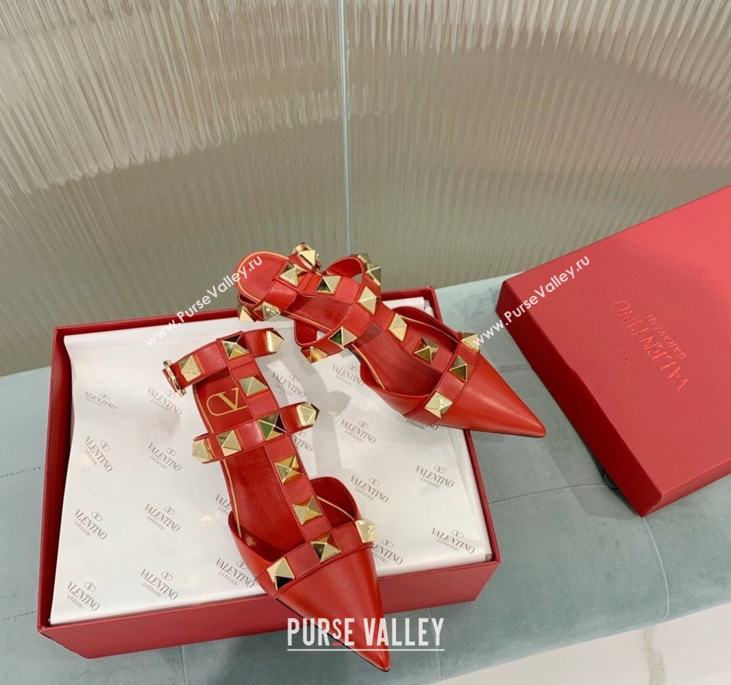 Valentino Roman Stud Calfskin Pumps 4/8cm with Ankle Strap Red 2024 (KER-240429099)
