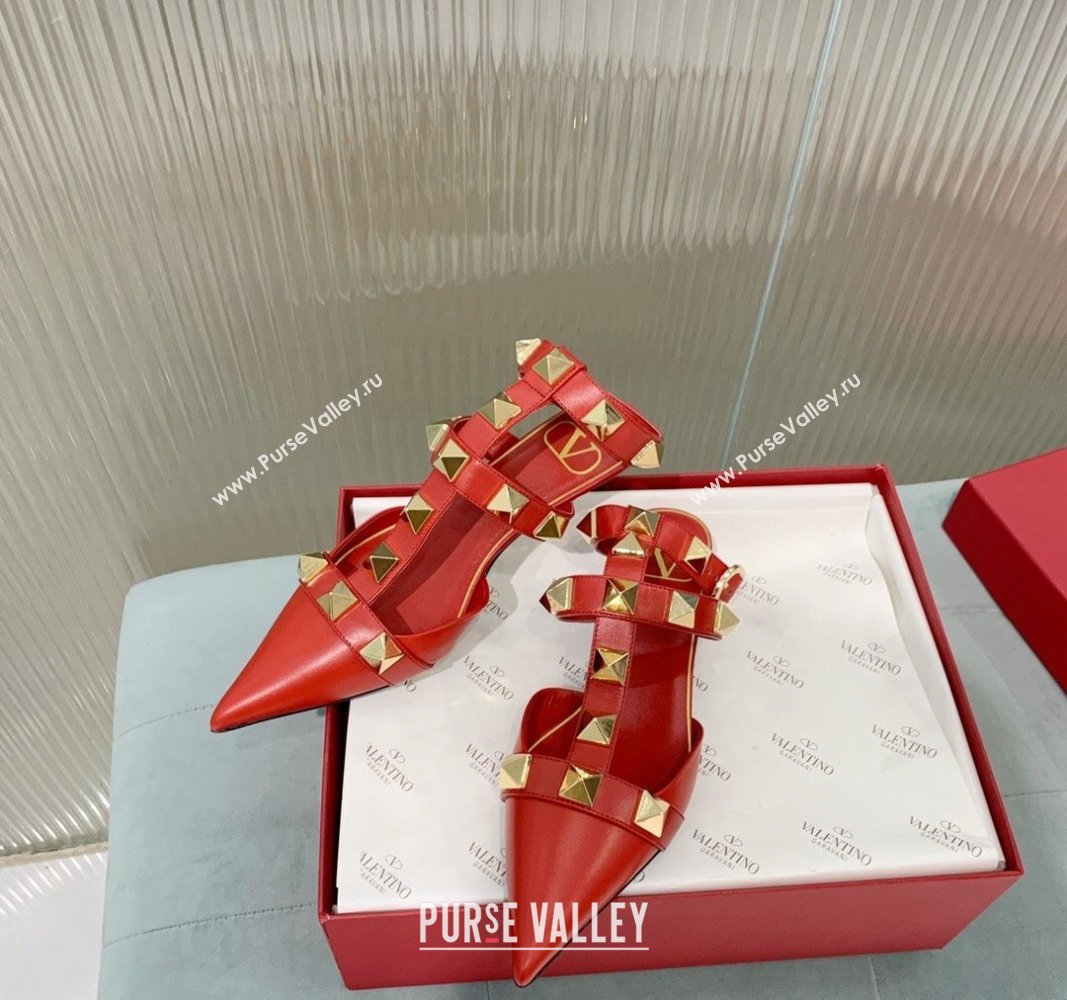 Valentino Roman Stud Calfskin Pumps 4/8cm with Ankle Strap Red 2024 (KER-240429099)