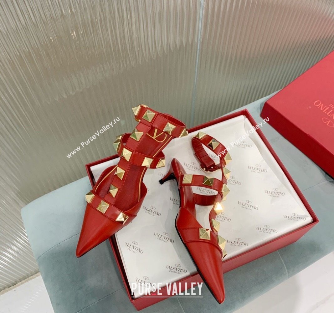 Valentino Roman Stud Calfskin Pumps 4/8cm with Ankle Strap Red 2024 (KER-240429099)
