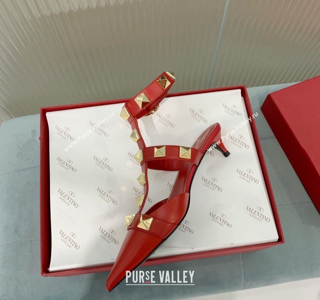 Valentino Roman Stud Calfskin Pumps 4/8cm with Ankle Strap Red 2024 (KER-240429099)