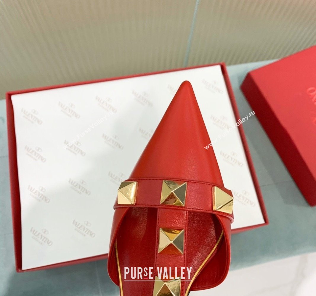 Valentino Roman Stud Calfskin Pumps 4/8cm with Ankle Strap Red 2024 (KER-240429099)