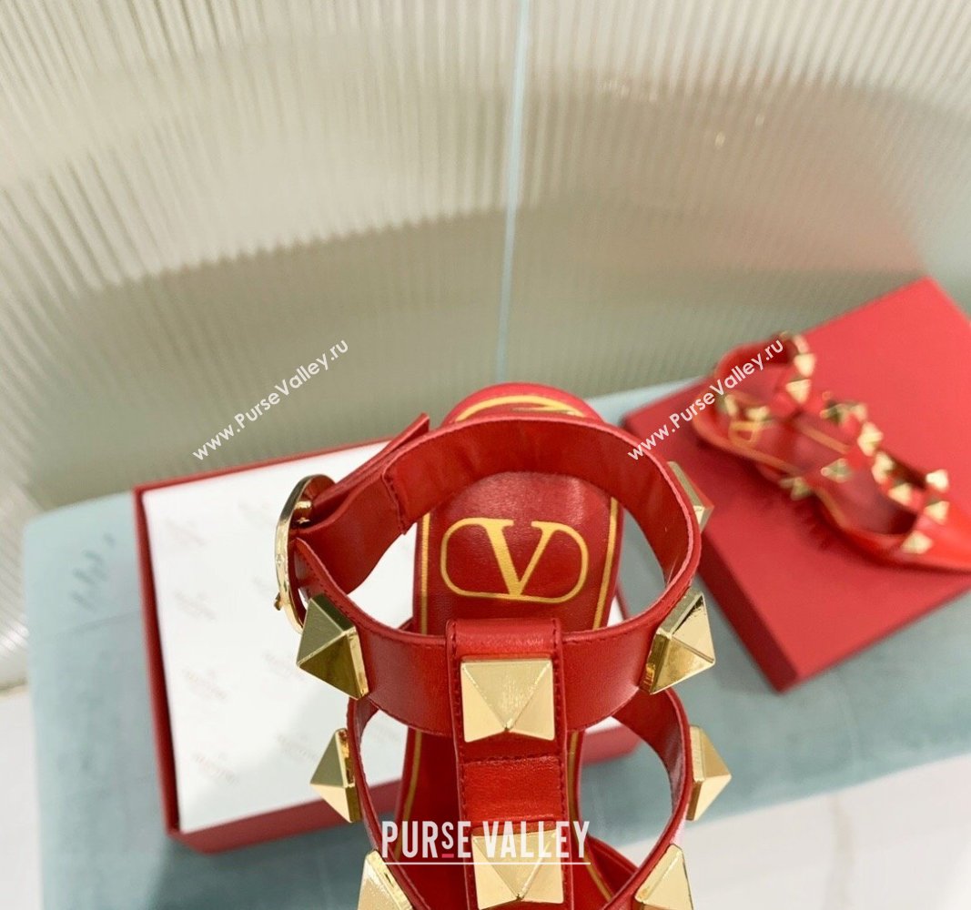 Valentino Roman Stud Calfskin Pumps 4/8cm with Ankle Strap Red 2024 (KER-240429099)