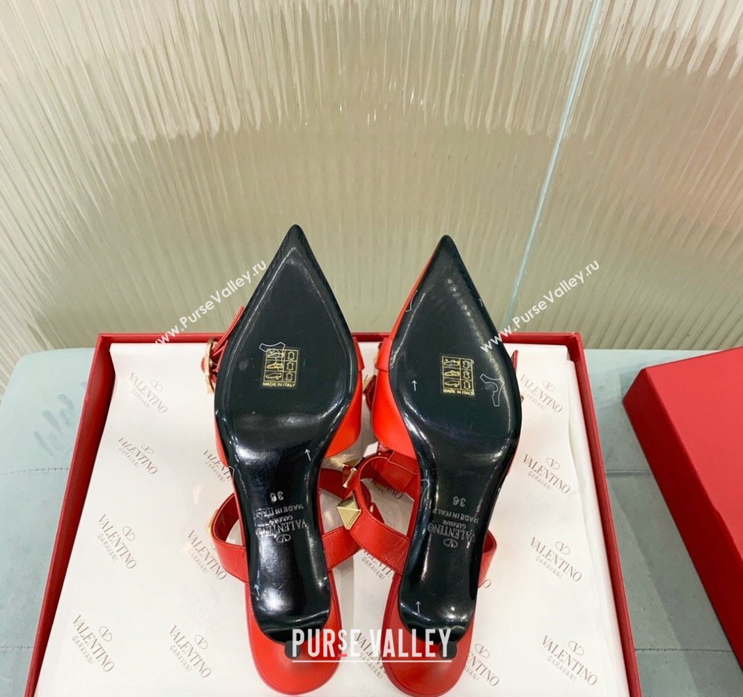 Valentino Roman Stud Calfskin Pumps 4/8cm with Ankle Strap Red 2024 (KER-240429099)
