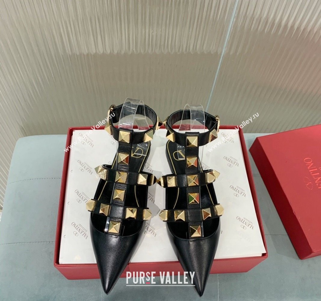 Valentino Roman Stud Calfskin Flats with Ankle Strap Black 2024 (KER-240429100)
