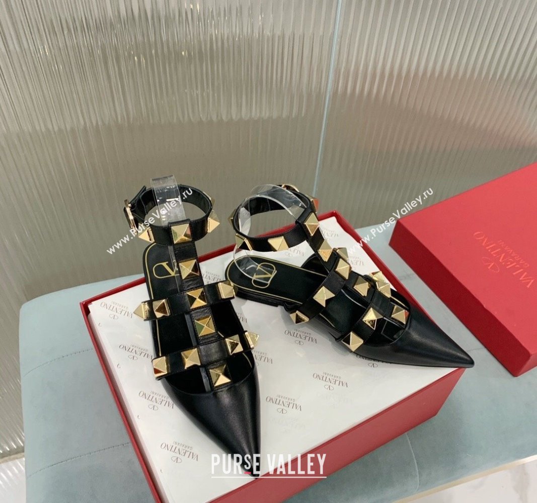 Valentino Roman Stud Calfskin Flats with Ankle Strap Black 2024 (KER-240429100)