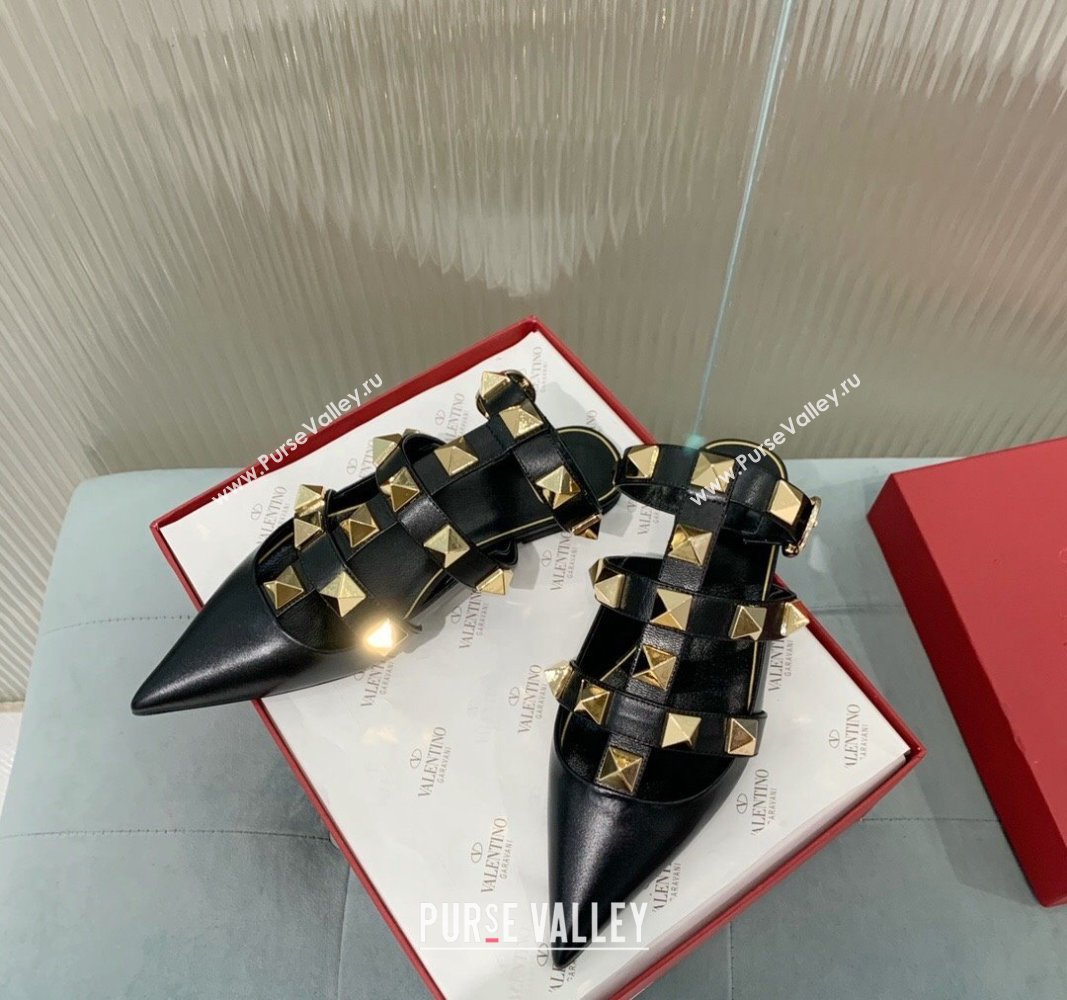 Valentino Roman Stud Calfskin Flats with Ankle Strap Black 2024 (KER-240429100)