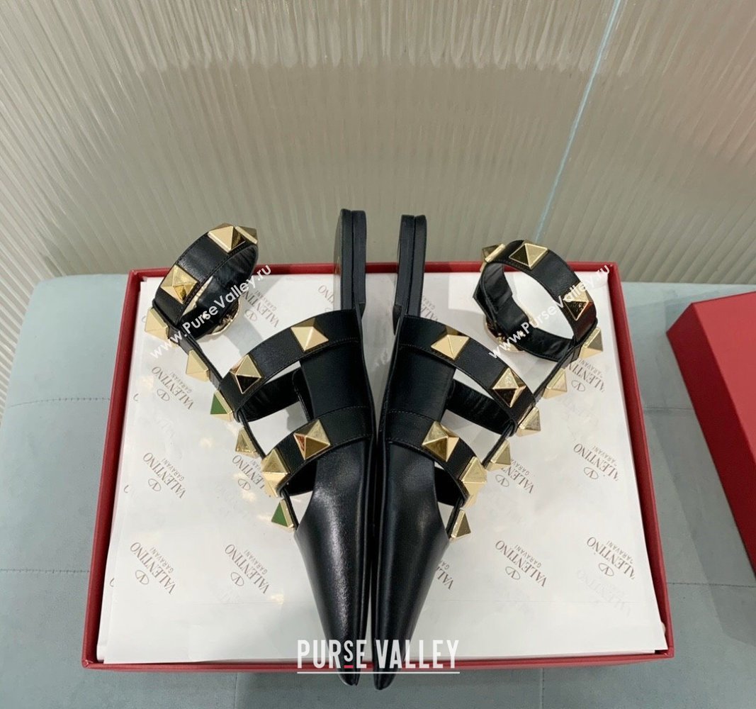 Valentino Roman Stud Calfskin Flats with Ankle Strap Black 2024 (KER-240429100)