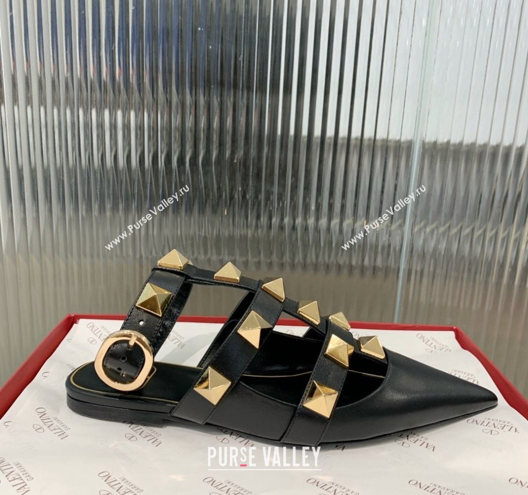 Valentino Roman Stud Calfskin Flats with Ankle Strap Black 2024 (KER-240429100)