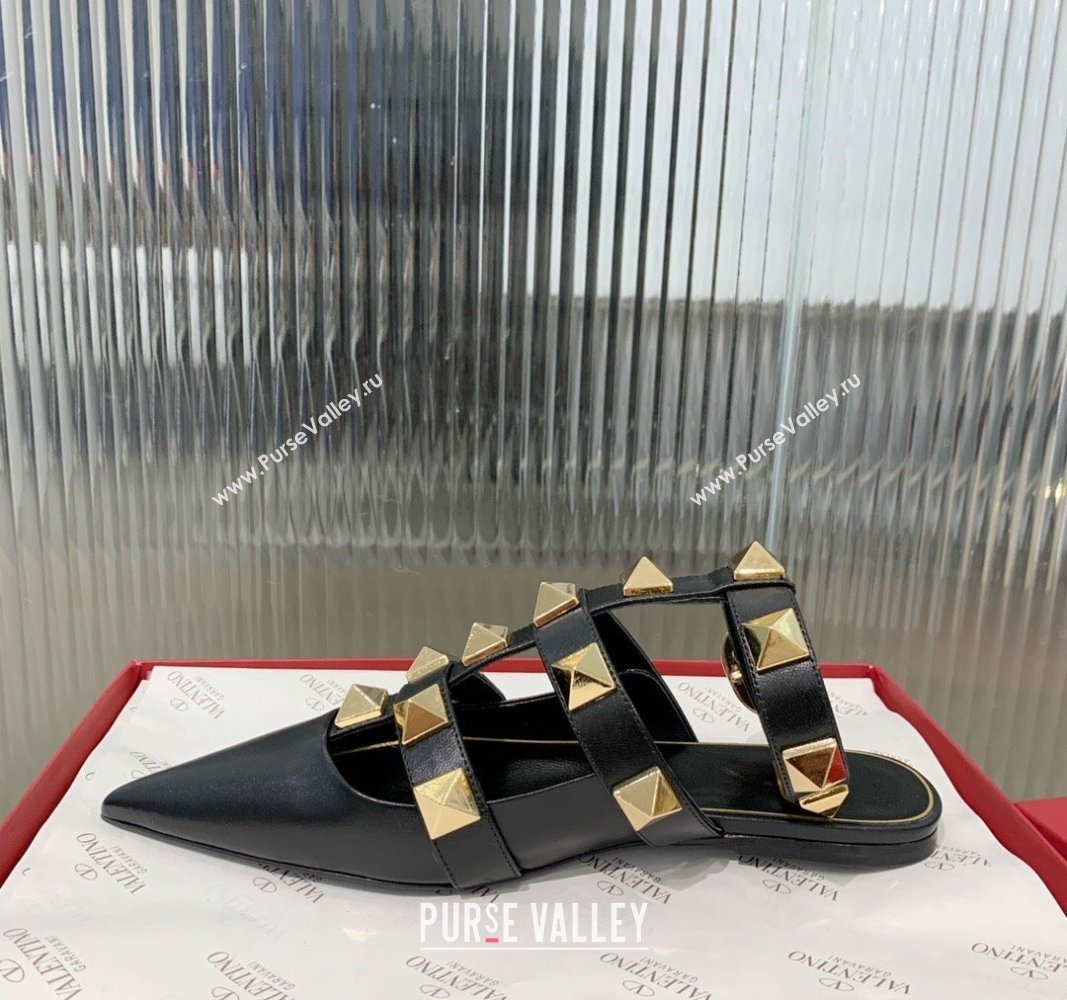 Valentino Roman Stud Calfskin Flats with Ankle Strap Black 2024 (KER-240429100)