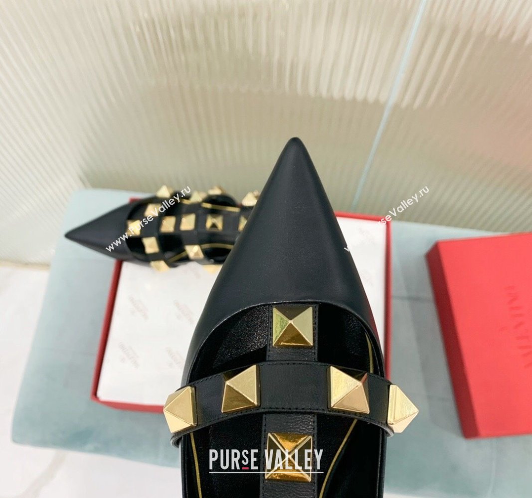 Valentino Roman Stud Calfskin Flats with Ankle Strap Black 2024 (KER-240429100)