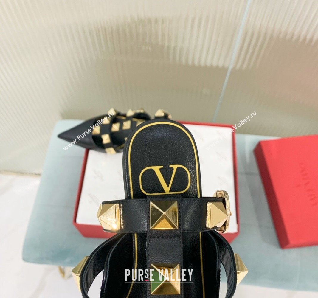 Valentino Roman Stud Calfskin Flats with Ankle Strap Black 2024 (KER-240429100)