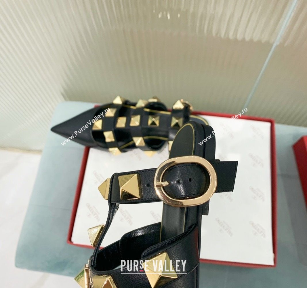 Valentino Roman Stud Calfskin Flats with Ankle Strap Black 2024 (KER-240429100)