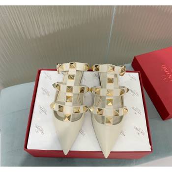 Valentino Roman Stud Calfskin Flats with Ankle Strap White 2024 (KER-240429101)