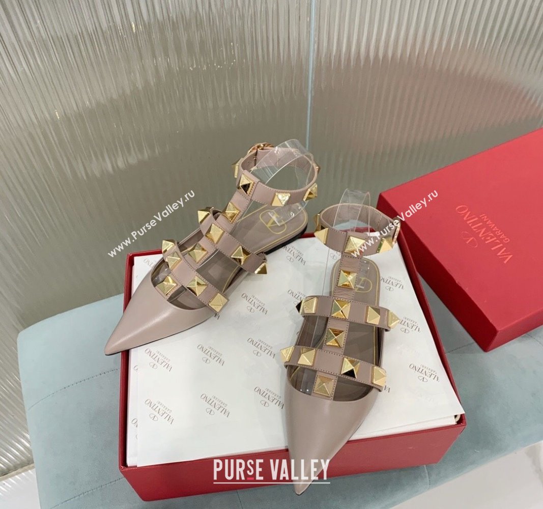 Valentino Roman Stud Calfskin Flats with Ankle Strap Beige 2024 (KER-240429102)