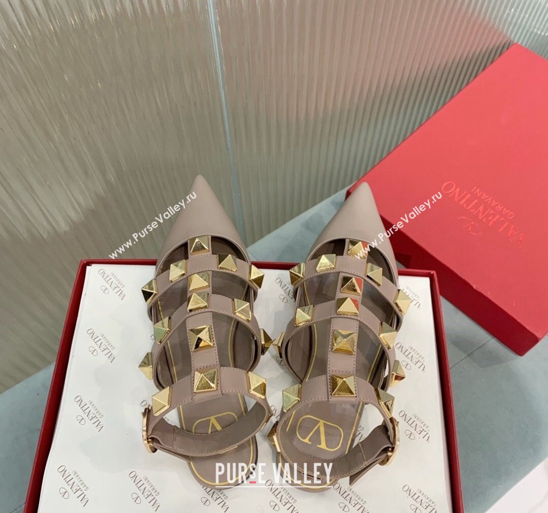 Valentino Roman Stud Calfskin Flats with Ankle Strap Beige 2024 (KER-240429102)