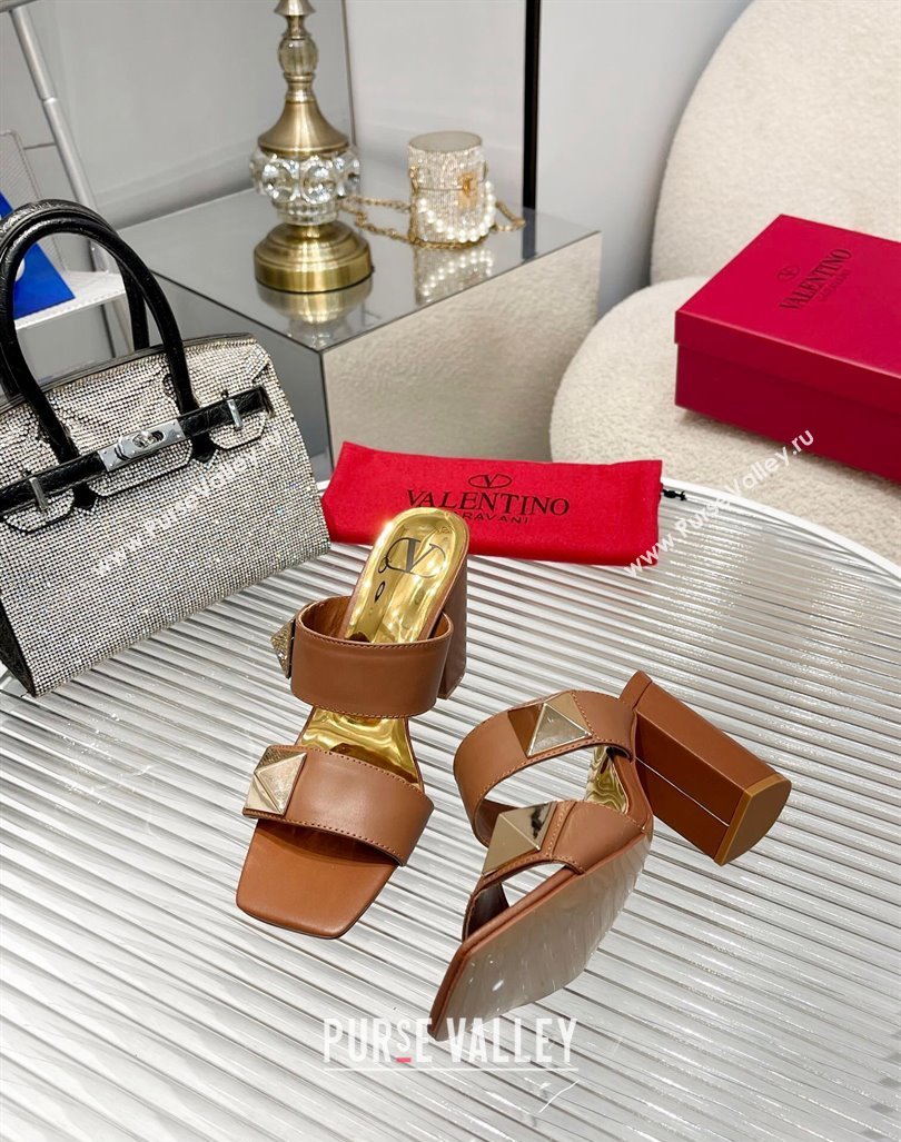 Valentino One Stud Calfskin Heel Slide Sandals 8.5cm Brown 2024 042901 (MD-240429022)