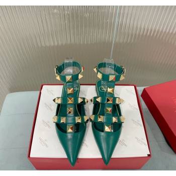 Valentino Roman Stud Calfskin Flats with Ankle Strap Green 2024 (KER-240429106)