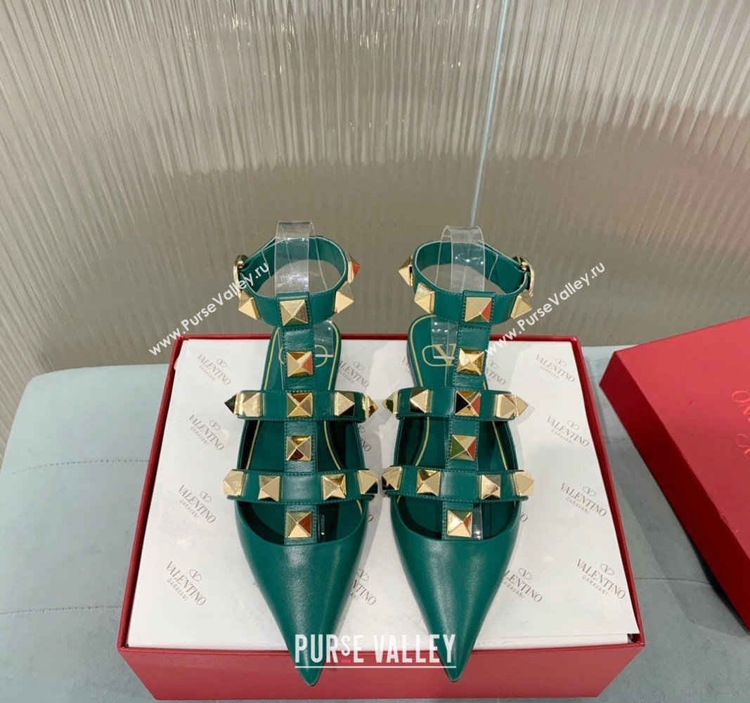 Valentino Roman Stud Calfskin Flats with Ankle Strap Green 2024 (KER-240429106)