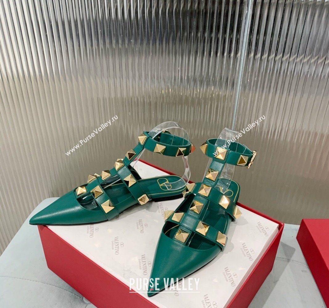 Valentino Roman Stud Calfskin Flats with Ankle Strap Green 2024 (KER-240429106)