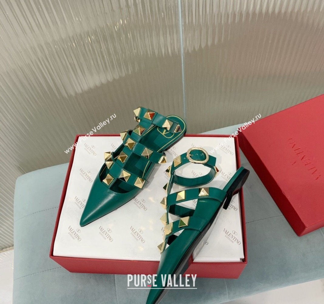 Valentino Roman Stud Calfskin Flats with Ankle Strap Green 2024 (KER-240429106)