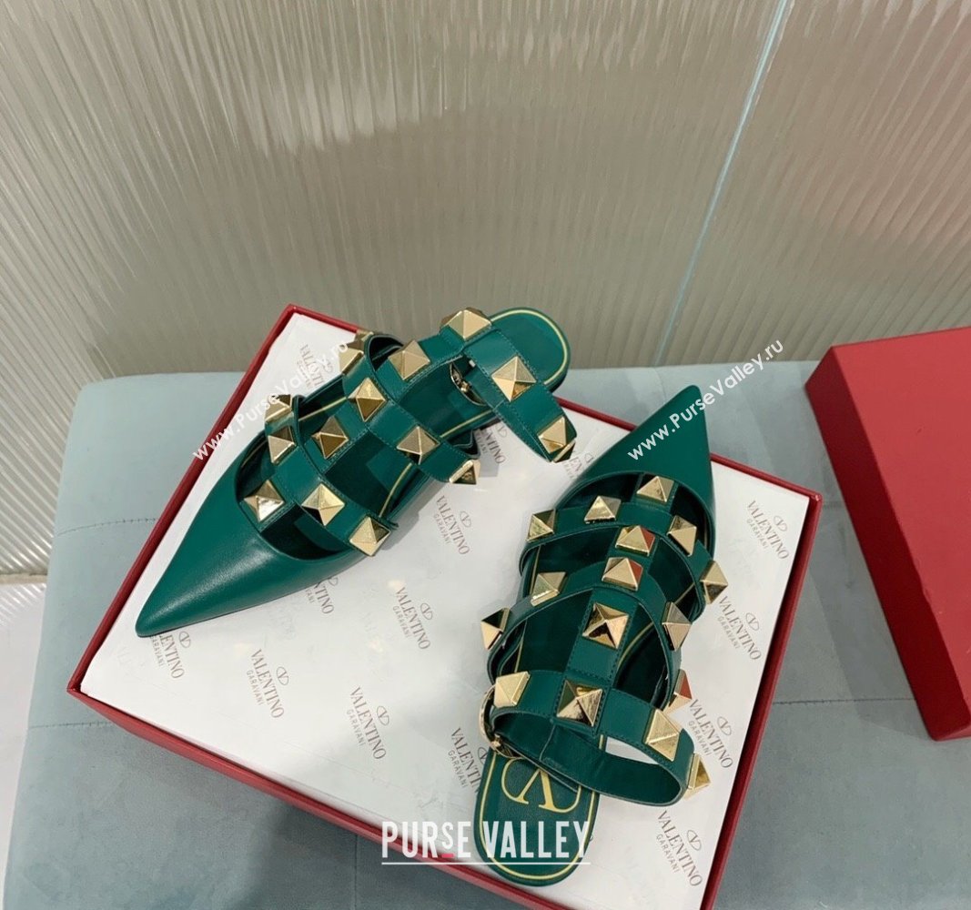 Valentino Roman Stud Calfskin Flats with Ankle Strap Green 2024 (KER-240429106)