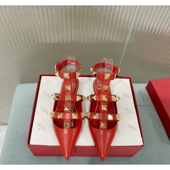 Valentino Roman Stud Calfskin Flats with Ankle Strap Red 2024 (KER-240429107)