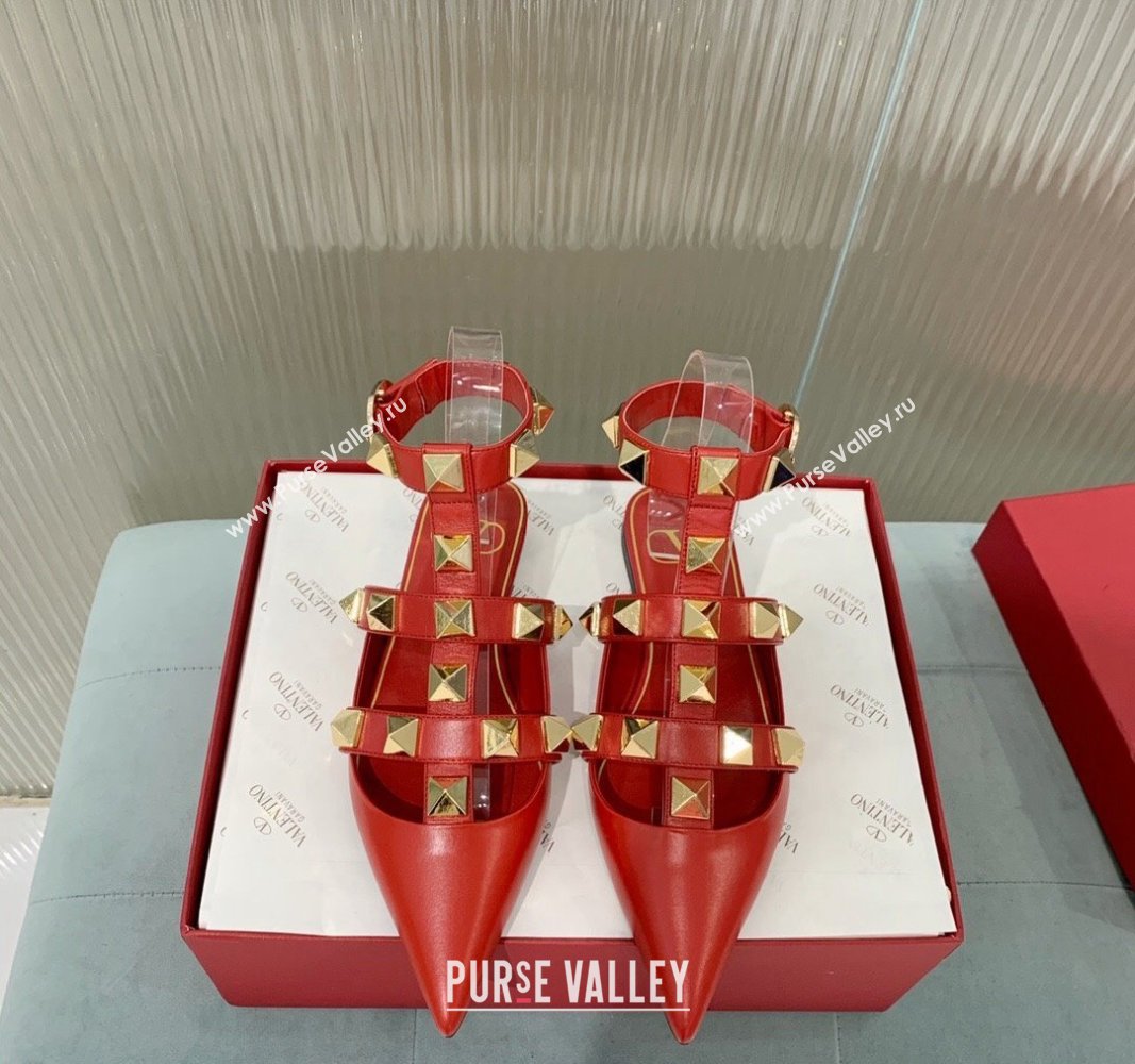 Valentino Roman Stud Calfskin Flats with Ankle Strap Red 2024 (KER-240429107)