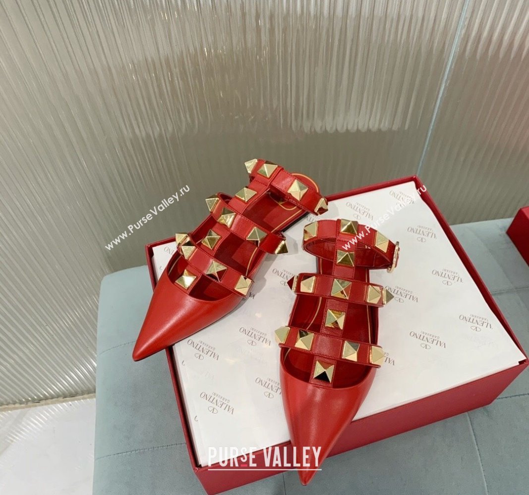 Valentino Roman Stud Calfskin Flats with Ankle Strap Red 2024 (KER-240429107)