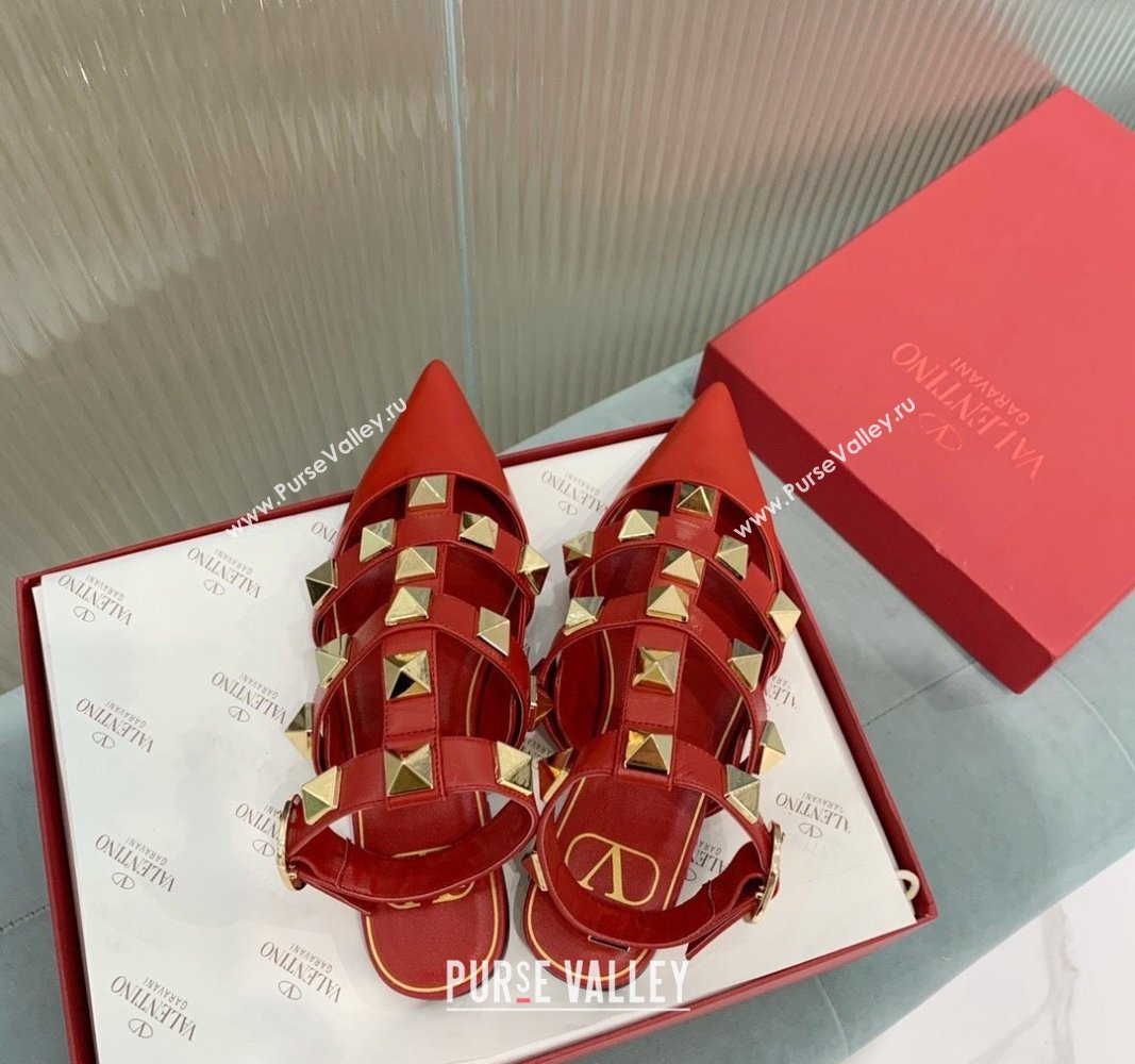 Valentino Roman Stud Calfskin Flats with Ankle Strap Red 2024 (KER-240429107)