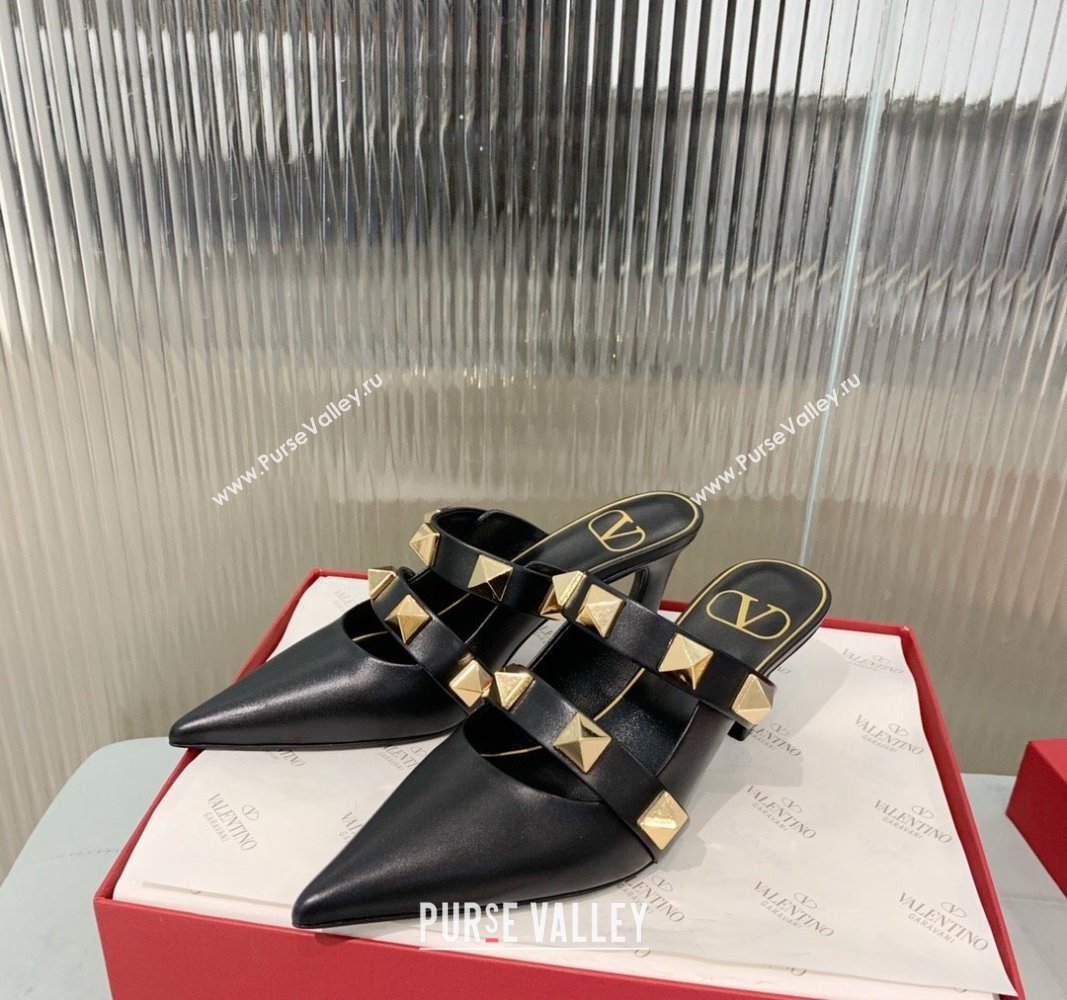 Valentino Roman Stud Calfskin Heel Mules 6.5cm with Straps Black 2024 0429 (KER-240429108)