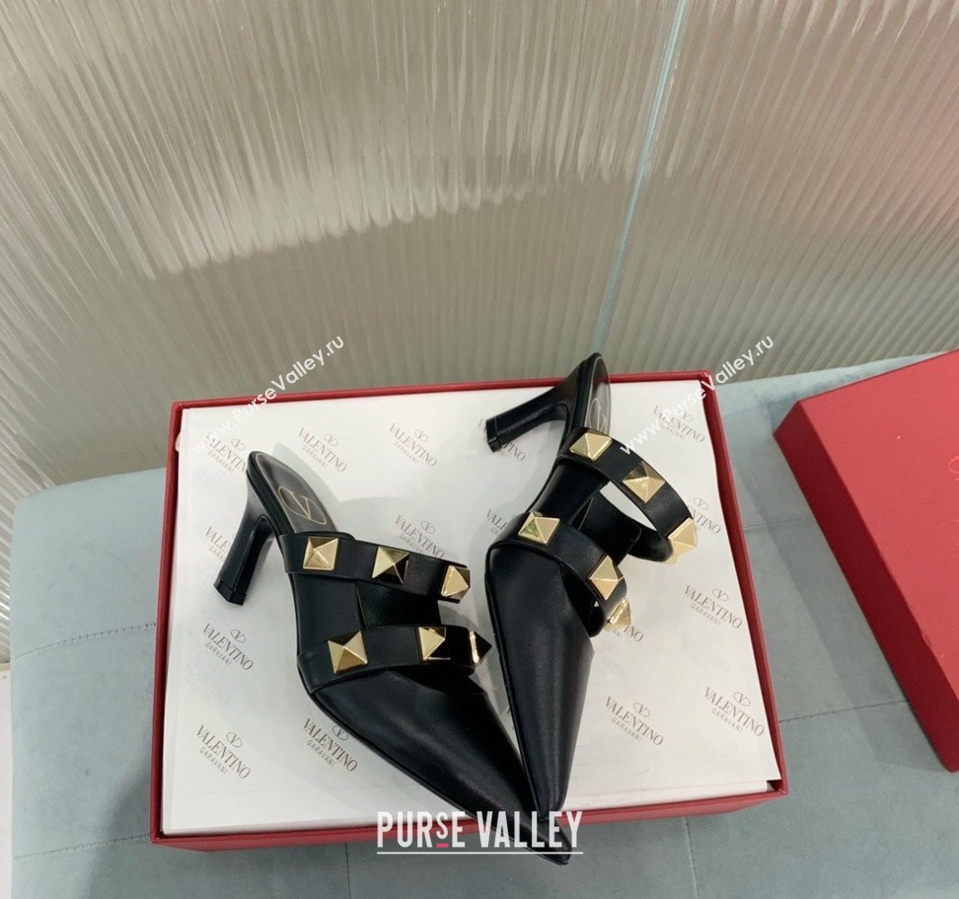 Valentino Roman Stud Calfskin Heel Mules 6.5cm with Straps Black 2024 0429 (KER-240429108)