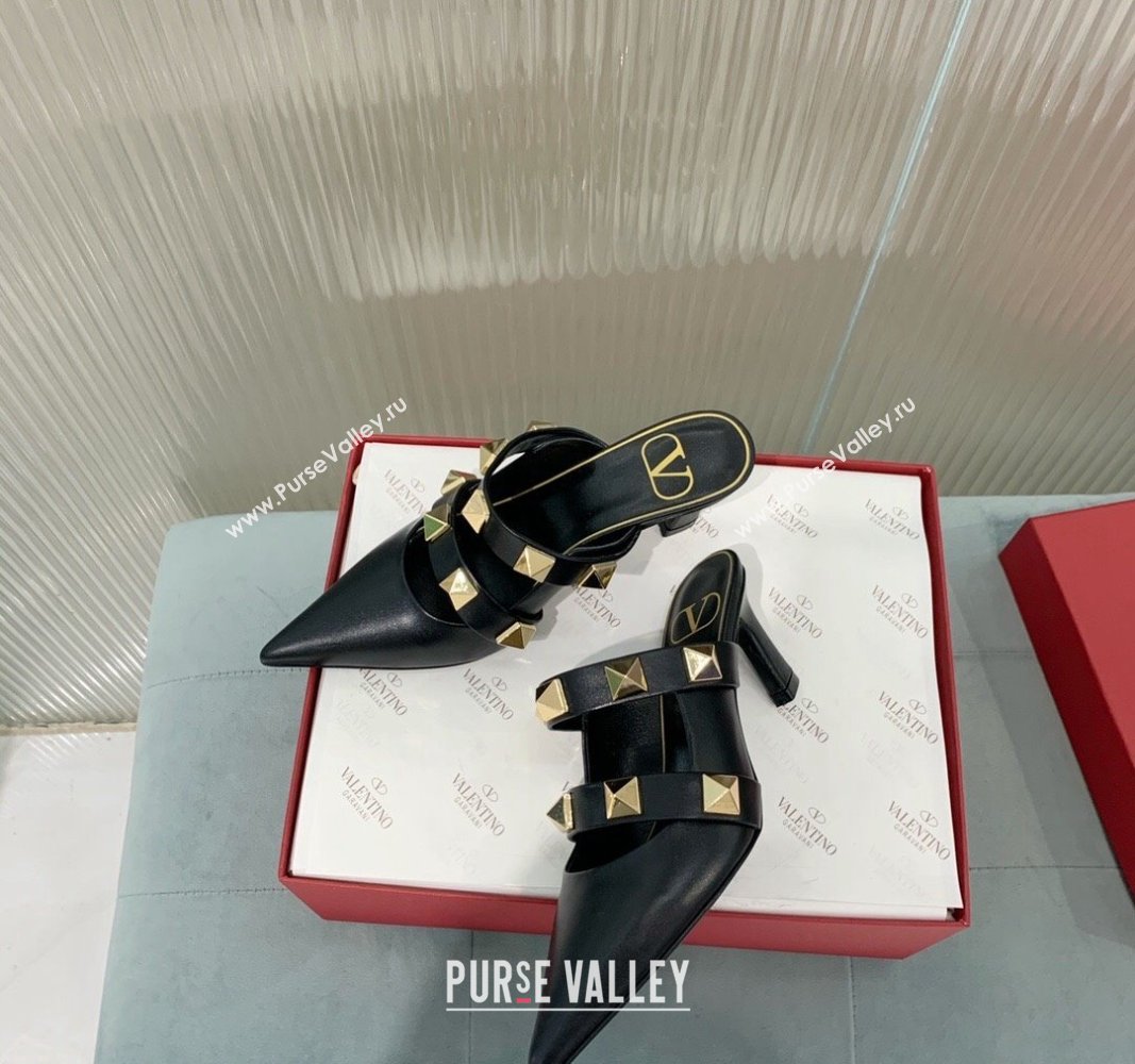 Valentino Roman Stud Calfskin Heel Mules 6.5cm with Straps Black 2024 0429 (KER-240429108)