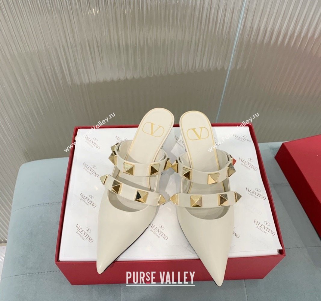 Valentino Roman Stud Calfskin Heel Mules 6.5cm with Straps White 2024 0429 (KER-240429109)